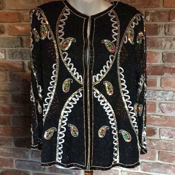 Vintage Eve’s Allure Black Sequins Jacket Sz. Med. 100% Silk - Picture 2 of 15